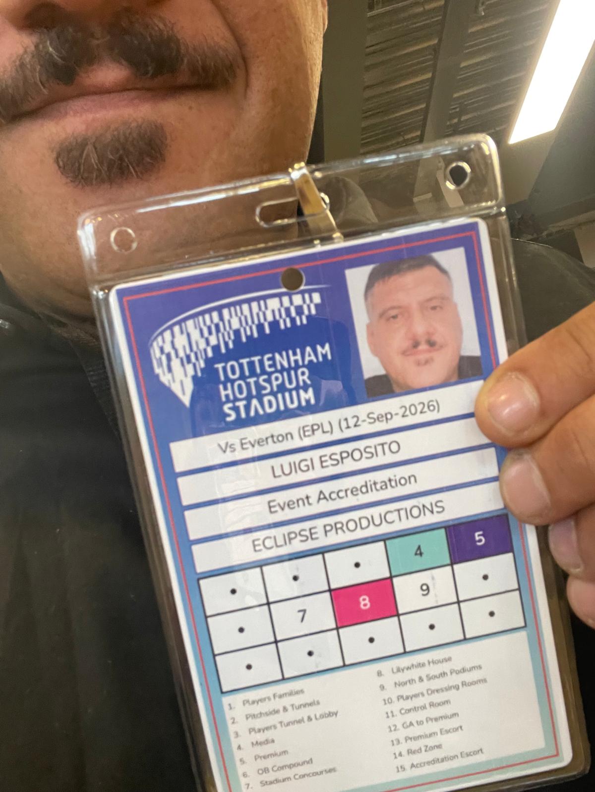 Luigi Esposito with his Eclipse Productions matchday accreditation at Tottenham Hotspur Stadium